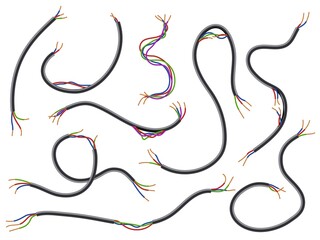 Broken wires. Realistic flexible torn cables with colored wiring. Damaged electrical connections. Different length pieces. Uninsulated current circuit. Vector electricity conductors set - obrazy, fototapety, plakaty