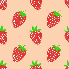 Strawberry seamless pattern on orange background. Vector strawberries in cartoon style. Bright colourful pattern with juicy berries. Design for textile, fabric, menu, greeting cards, wrapping paper.