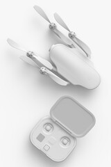 Photo and video drone or quad copter with action camera and remote on white