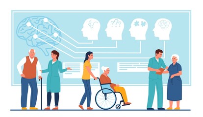 Dementia people. Elderly persons with age related changes brain activity. Alzheimer disease. Neurological problem. Medical support. Senior patients care. Memory loss. Vector concept