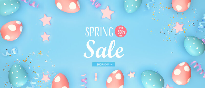 Spring sale message with Easter eggs with spring holiday pastel colors