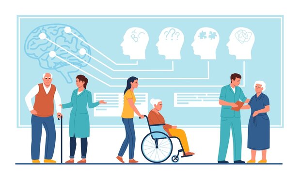 Dementia people. Elderly persons with age related changes brain activity. Alzheimer disease. Neurological problem. Medical support. Senior patients care. Memory loss. Vector concept