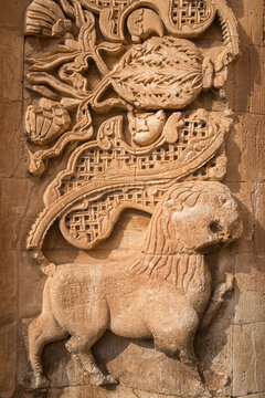 Detail of the entrance carving decoration of Ishak Pasha Palace in Agri city, Eastern Anatolia, Turkey.