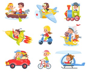 Kids drivers and pilots. Cute children in colorful childish transport, smiling boys and girls driving helicopters and planes, rockets and cars, ships and boats vector cartoon flat set
