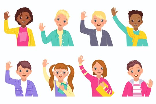 Kids greeting gesture. Happy boys and girls waving hands, funny multiethnic teenagers, young students. Cheerful, smiling waist-high people, vector cartoon flat style isolated set
