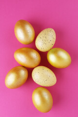 Red Easter eggs on a bright background. Easter background with eggs close up. Place for text.