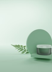 Natural eco green cosmetics with realistic branches of greenery. Mockup 3d illustration