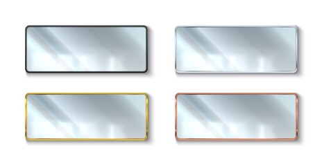 Realistic mirrors colors frames. Rectangle shape reflective glass surfaces. Different materials. Copper, gold, black and silver. Hanging on wall furniture. Vector interior elements set
