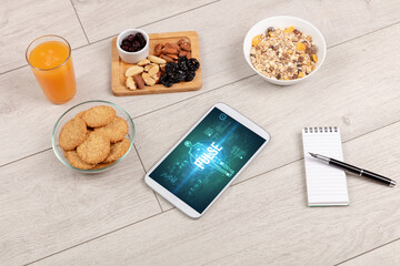 Tablet Pc with fruits, medical concept