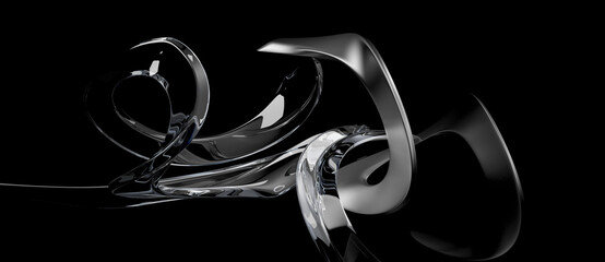 elegant fließende bewegung als 3d skluptur, abstrakter motiondesign hintergrund, glas und metall, 3d render, schwarzer hintergrund