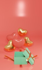 3d Pink and gold heart-shaped balloons flying out of an open gift box. Festive greeting concept. 3d realistic illustration