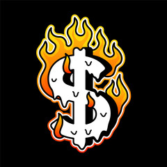 Dollar symbol burn in fire t-shirt print.Vector cartoon graphic illustration logo design.Money,dollar,fire print for poster,t-shirt,logo concept © svtdesign