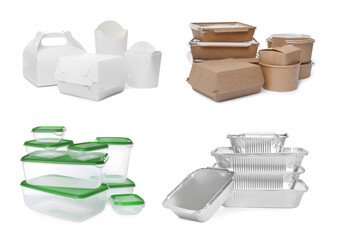 Set with different containers for food on white background