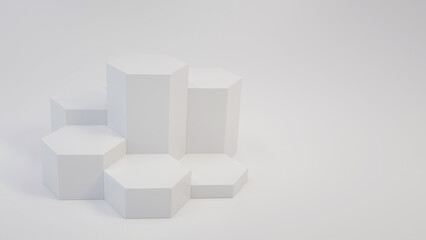 Abstract, Modern White Hexagonal Podiums, Pedestals Background. Empty Space - 3D Illustration	