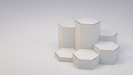 Abstract, Modern White And Golden Hexagonal Podiums, Pedestals Background. Empty Space - 3D Illustration 