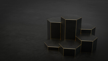 Abstract, Modern Black And Golden Hexagonal Podiums, Pedestals Background. Empty Space - 3D Illustration