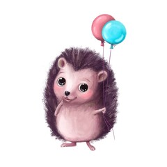 cute little hedgehog with air balloons, watercolor style illustration, holiday clipart with cartoon character