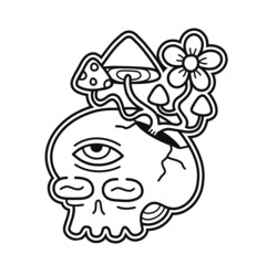 Skull with mahic mushrooms t-shirt print design.Vector line art page for coloring book.Trippy skull,magic mushrooms growing,psychedelic print for t-shirt,poster,sticker,logo concept