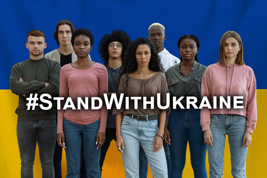 Hashtag Stand With Ukraine Layered Over Multiethnic Group Of People, Collage