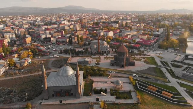 Top view cityscape of Kars city at sunset in Kars province, Turkey