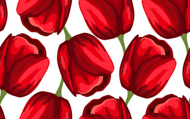 Spring colorful vector illustration with red tulips. Cartoon style. Design for fabric, textile, paper. Holiday print for Easter, Birthday, 8 march. Flowers with leaves