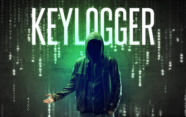 Faceless hacker with inscription concept