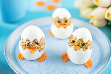 Canned Tuna deviled eggs in the form of chicken