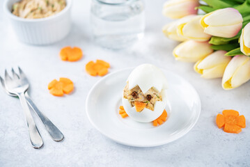 Canned Tuna deviled eggs in the form of chicken
