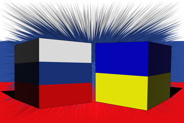 Donetsk. Ukraine Russia. Conflict between Russia and Ukraine war concept. Russia flag background. Ukraine and Russia 3D cubes. Horizontal design. Illustration. Map. Jerson. Stop the fire. 36 hours.