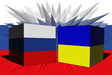 Donetsk. Ukraine Russia. Conflict between Russia and Ukraine war concept. Russia flag background. Ukraine and Russia 3D cubes. Horizontal design. Illustration. Map. Jerson. Stop the fire. 36 hours.