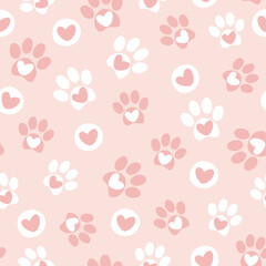 Pet paw seamless pattern. Vector illustration with paw and hearts on pink background. It can be used for wallpapers, wrapping, cards, patterns for clothes and other.