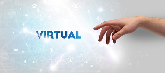 Hand pointing at inscription concept