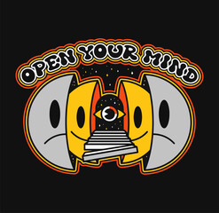 Sad face,smile emoji,third eye,door space inside art.Vector hand drawn 60s,70s style cartoon groovy illustration.Trippy smiley smile face,psychedelic,acid lsd trip print for t-shirt,poster art concept