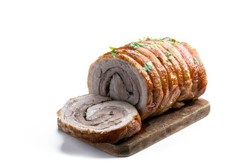 Roasted pork meat roll with herbs and spices isolated on white