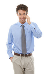 Cellphone clarity. Studio shot of a young businessman using a cellphone isolated on white.