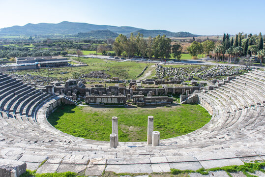 Miletus Ancient Greek City exterior high resolution panoramic view of Theater in Didim, Aydin, Turkey.
