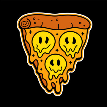 Pizza slice with melt smile face t-shirt print. Vector doodle line cartoon character illustration.Pizza,trippy smile face,acid print on poster, t-shirt,logo concept