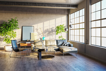 Illustration 3D rendering large luxury modern bright interiors Living room mockup computer digitally generated image