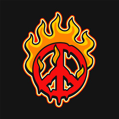 Peace symbol burn in fire t-shirt print .Vector cartoon graphic illustration logo design.Trippy psychdelic peace,fire print for poster,t-shirt,logo concept