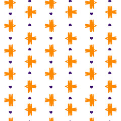 Seamless pattern with orange flying birds and small purple hearts on a white background