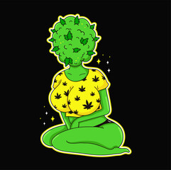 Young woman with weed bud head.Vector hand drawn trendy cartoon logo illustration. Lady,sexy beauty woman,green weed bud,cannabis,marijuana fashion print for t-shirt,poster,logo,sticker concept