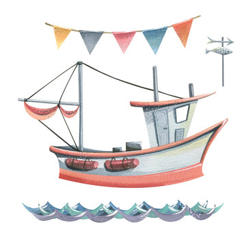 Watercolor illustration on the theme of sea fishing. Boat, sails, mast, waves, water, flags.