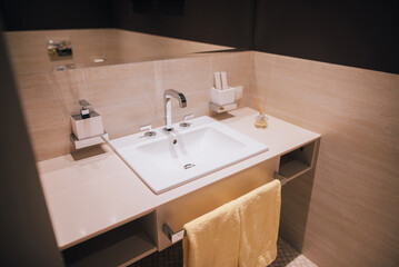 Naklejka na ściany i meble Interior of bathroom with washbasin and faucet design in luxury hotel.
