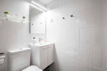 Fototapeta na wymiar Bathroom with white wooden cabinets, glass-enclosed shower and square mirror above sink in vacation rental apartment