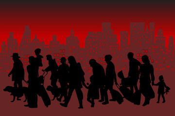 Silhouette of a group of refugees over bloody cityscape skyline