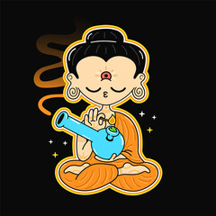 Cute funny Buddha smoke weed with bong. Vector hand drawn cartoon kawaii character logo illustration. Buddha,buddhist smoke marijuana, cannabis, weed with bong character t-shirt print concept