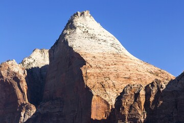 Twin Brothers Mountain Peak with Sheer Navajo Sandstone Cliffs Landscape View in Zion National Park, Utah USA