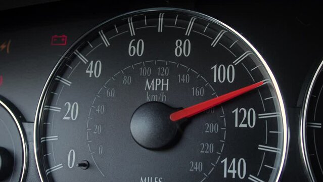 Close up on car dashboard speedometer , self test 