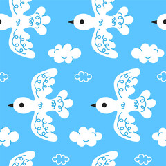 Cute white birds on blue background seamless pattern.Vector cartoon hand drawn style character illustration design.Vintage fly birds on blue sky,white clouds seamless pattern,wallpaper concept