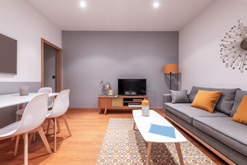 Living room with gray sofa, gray wall in the background and sideboard with tv in a vacation rental apartmen